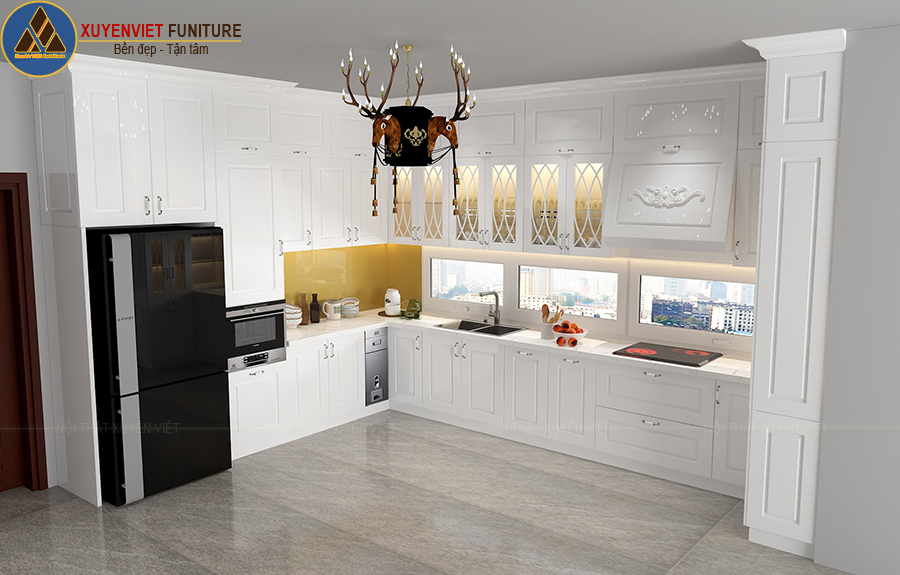 Không gian bếp đẹp với mẫu tủ bếp tân cổ điển nhà chị Nga - quận 12
