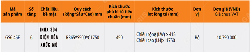 đơn giá Giá tủ kho 6 tầng inox điện hóa xước mờ GS6.45E