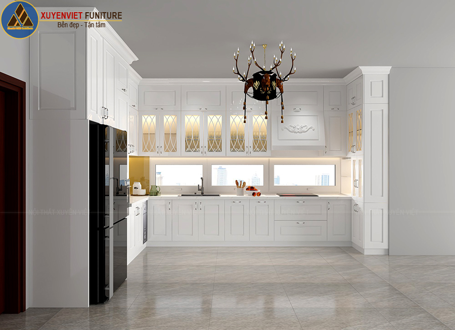 Không gian bếp đẹp với mẫu tủ bếp tân cổ điển nhà chị Nga - quận 12