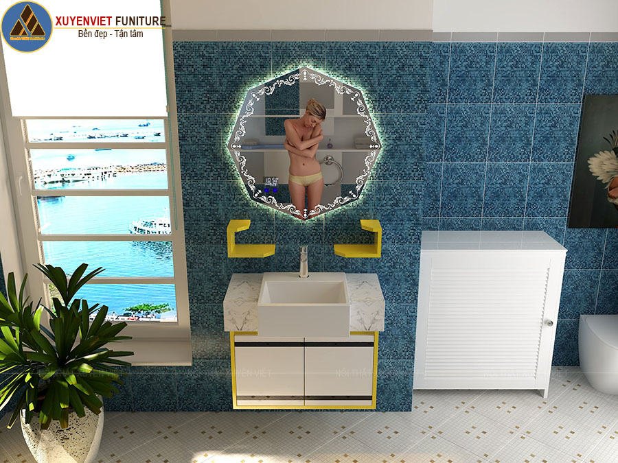 Phòng tắm rực rỡ với mẫu tủ chậu lavabo trắng vàng XVL873