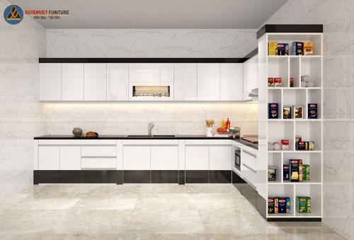 Bộ tủ bếp đẹp chữ L tông đen trắng nhà chị Thu-Hải Phòng