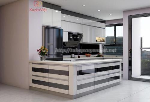 Mẫu tủ bếp chữ G nhà anh Hưng Xv086 sang trọng với màu đen - trắng