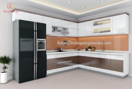 Mẫu thiết kế tủ bếp đẹp dạng chữ L màu Nâu - Trắng XV089