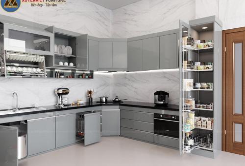 Mẫu tủ bếp hiện đại tông ghi nhà chị Huế - Long An