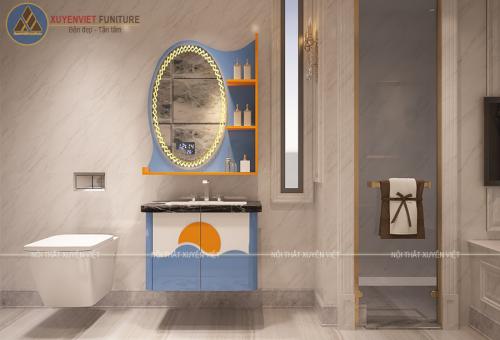 Phòng tắm mát mắt với mẫu tủ chậu lavabo tông xanh chủ đạo XVL865