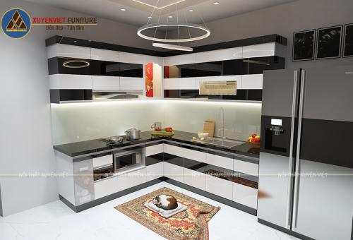 Tủ bếp chữ L đẹp tông đen trắng nhà anh Hòa - Thủ Đức