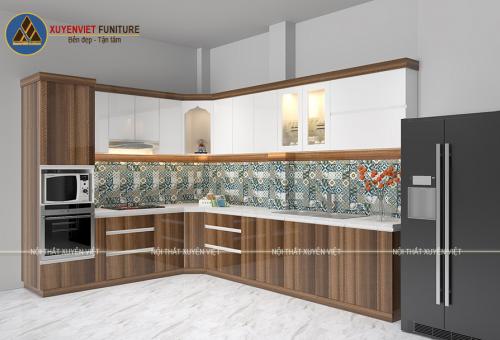 Tủ bếp chữ L kết hợp vân gỗ và trắng nhà chị Chi - Tân Bình