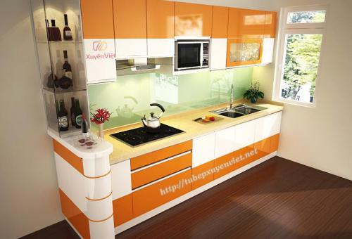 Tủ bếp đẹp có bàn bar đơn giản nhà anh Hưởng - Hưng Yên XV160