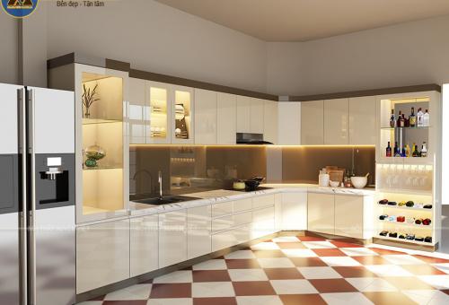 Tủ bếp hiện đại phủ acrylic sang trọng nhà chị Yến - Quận 9