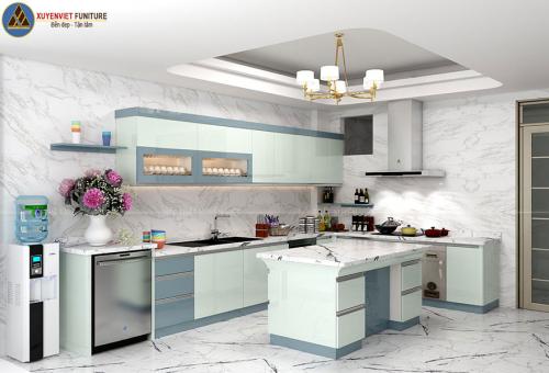 Tủ bếp nhựa chữ L sơn men bóng nhà chú Quyết-Hoàng Hoa Thám