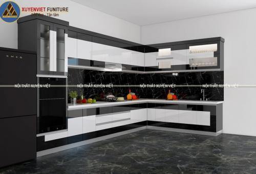 Tủ bếp đẹp phối màu đen trắng nhà Chị Xuân - Cần Thơ