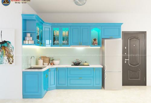 Tủ bếp tân cổ điển tông xanh nổi bật nhà chị Vy-Tân Phú