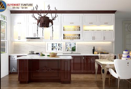 Tủ bếp tân cổ điển sang trọng nhà anh Mạnh thu hút mọi ánh nhìn