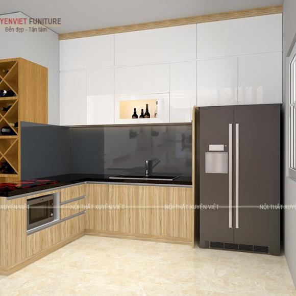 Tủ bếp đẹp phủ acrylic vân gỗ kết hợp trắng nhà anh Hùng - quận 9