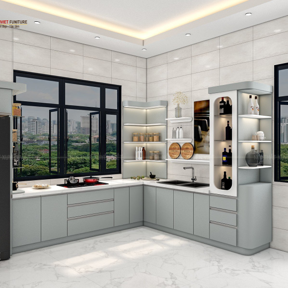 Kiểu dáng tủ bếp nhựa sơn men bóng sang trọng tại nhà cô Lan - chợ Lũng, Hải Phòng