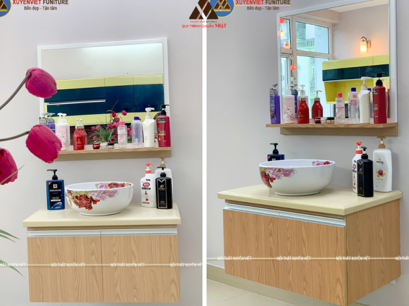 Tủ lavabo treo tường phủ laminate tông nâu sáng có sẵn LBK4013