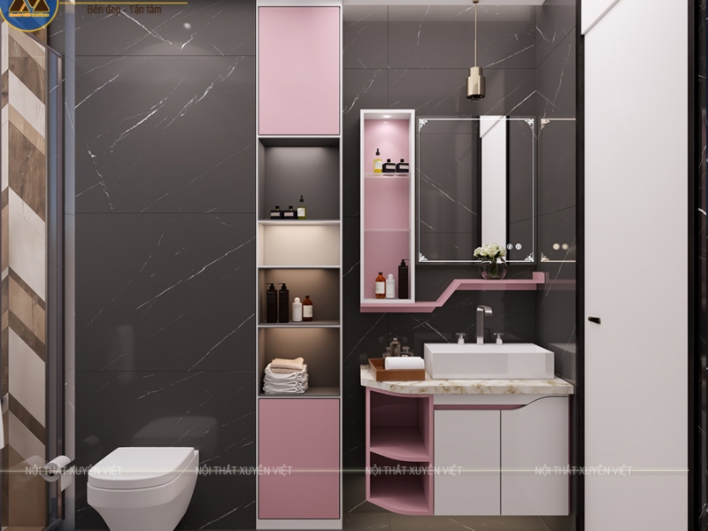 Tủ lavabo treo tường tone trắng hồng nhẹ nhàng XVL846 