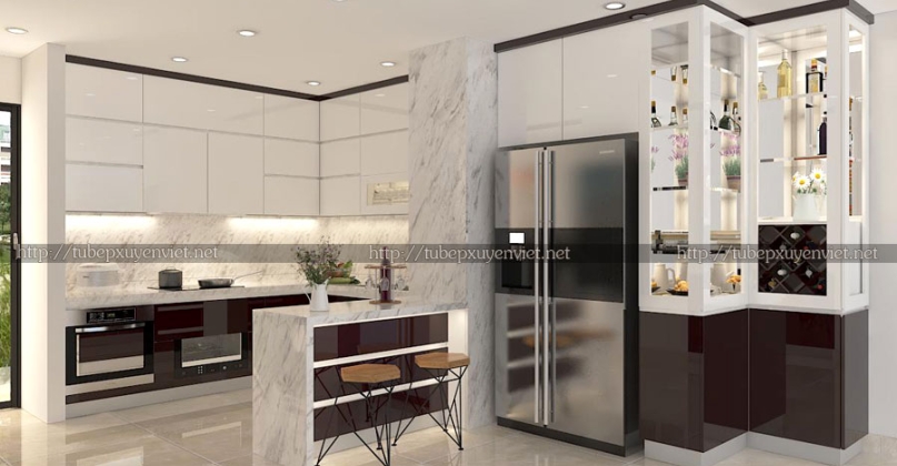 Mẫu tủ bếp đẹp và hệ tủ rượu nhà chị Liên - Hoàng Cầu, Hà Nội
