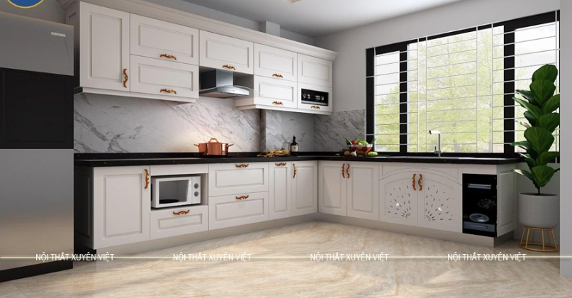 Mẫu tủ bếp nhựa tân cổ điển nhà chú Sơn - Cầu Lủ, Hà Nội