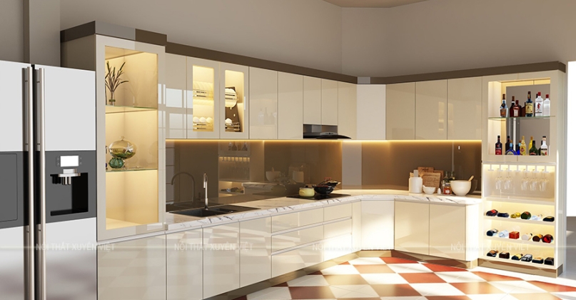 Tủ bếp hiện đại phủ acrylic sang trọng nhà chị Yến - Quận 9