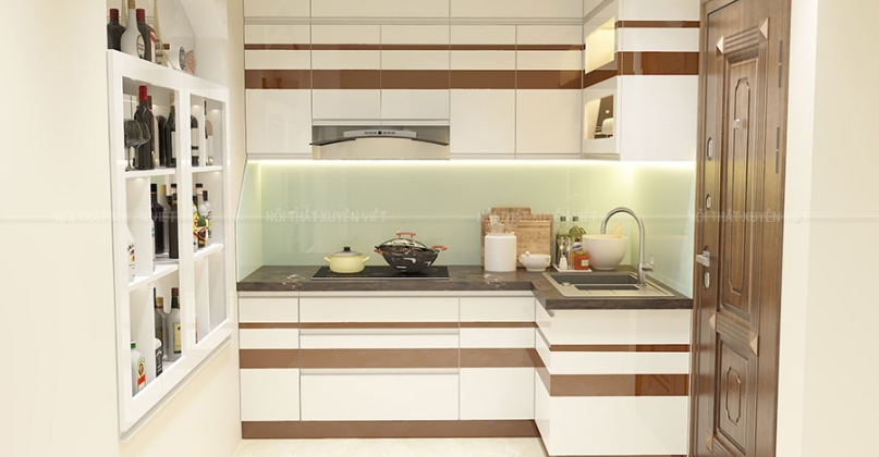 Tủ bếp nhựa sơn line ánh kim hiện đại nhà Cô Nụ-Hải Phòng