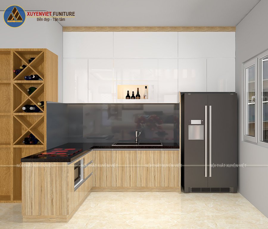 Tủ bếp đẹp phủ acrylic vân gỗ kết hợp trắng nhà anh Hùng - quận 9