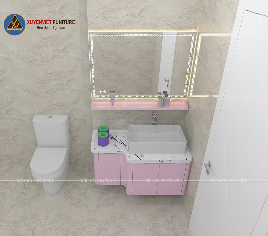 Tủ lavabo đẹp XVL852 tone hồng nhẹ nhàng, ấn tượng