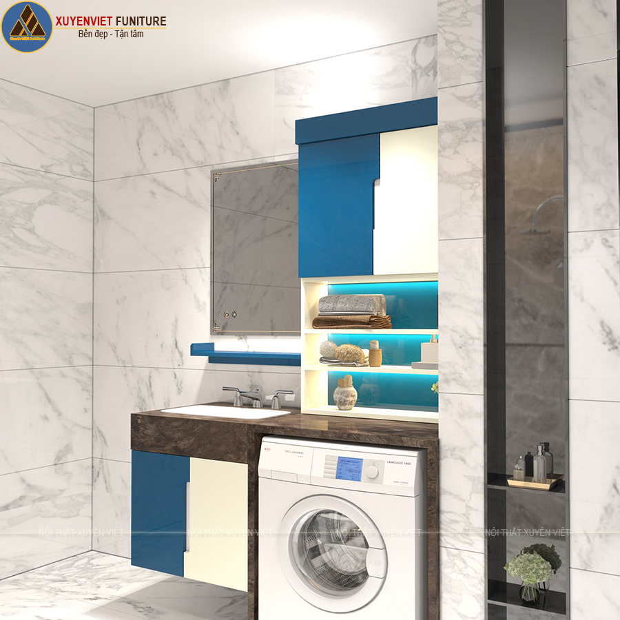 Tủ lavabo kết hợp tủ máy giặt tông xanh kem XVL861