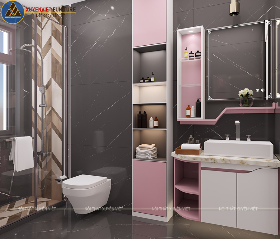 Tủ lavabo treo tường tone trắng hồng nhẹ nhàng XVL846
